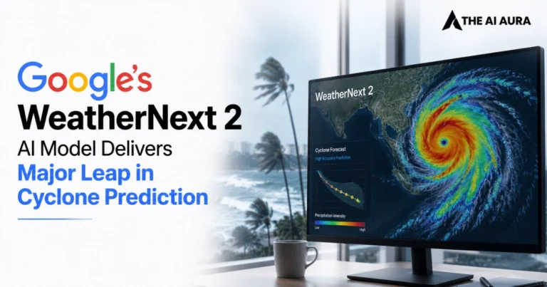 Google WeatherNext 2 AI model displayed on a monitor showing a cyclone forecast and weather map.