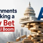 Governments taking a risky bet on the AI boom, illustrated by the U.S. Capitol and AI letters balanced on unstable wooden blocks labeled spending, regulation, infrastructure, and workforce.