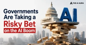 Governments taking a risky bet on the AI boom, illustrated by the U.S. Capitol and AI letters balanced on unstable wooden blocks labeled spending, regulation, infrastructure, and workforce.