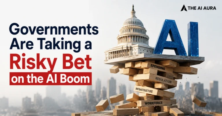 Governments taking a risky bet on the AI boom, illustrated by the U.S. Capitol and AI letters balanced on unstable wooden blocks labeled spending, regulation, infrastructure, and workforce.