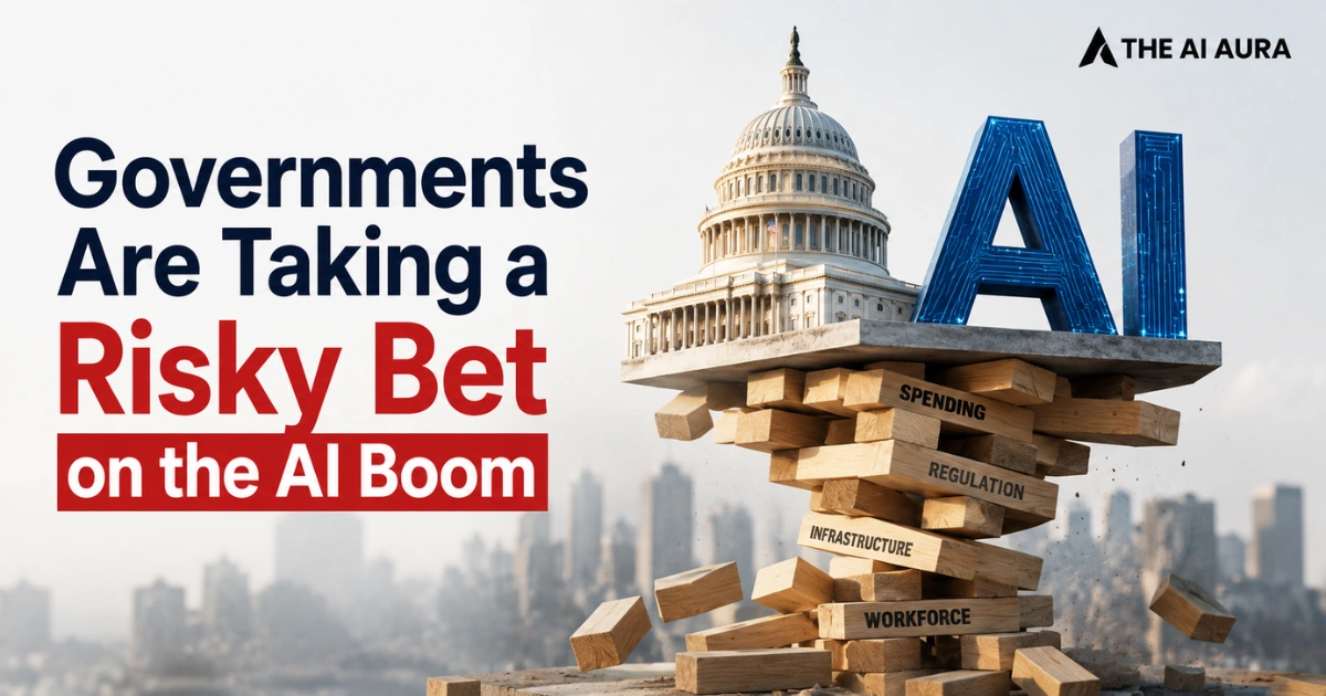 Governments taking a risky bet on the AI boom, illustrated by the U.S. Capitol and AI letters balanced on unstable wooden blocks labeled spending, regulation, infrastructure, and workforce.