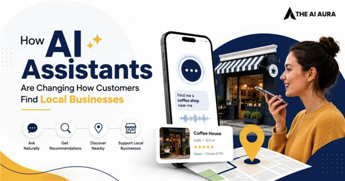 AI assistants helping customers find local businesses through voice search, recommendations, nearby locations, and digital maps.