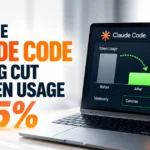 Claude Code reduces AI token usage by 45%, illustrated with a laptop showing before-and-after token usage levels.