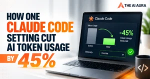 Claude Code reduces AI token usage by 45%, illustrated with a laptop showing before-and-after token usage levels.