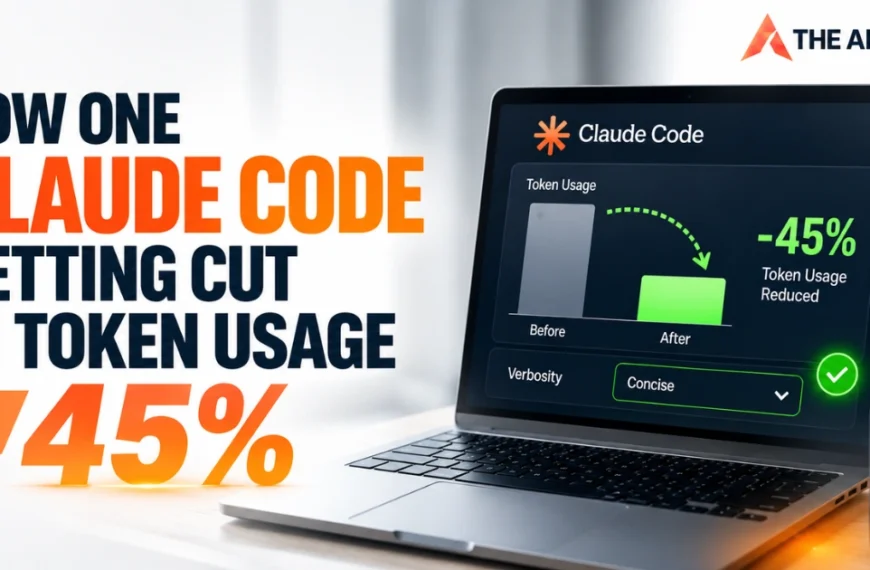 Claude Code reduces AI token usage by 45%, illustrated with a laptop showing before-and-after token usage levels.