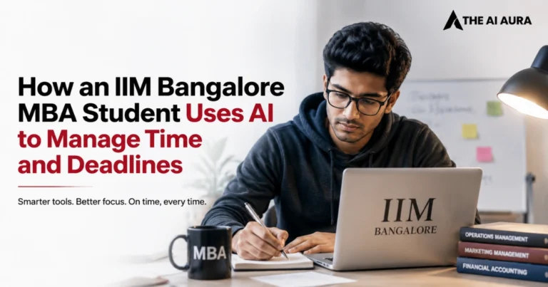 IIM Bangalore MBA student using AI tools on a laptop to manage time, tasks, and academic deadlines.