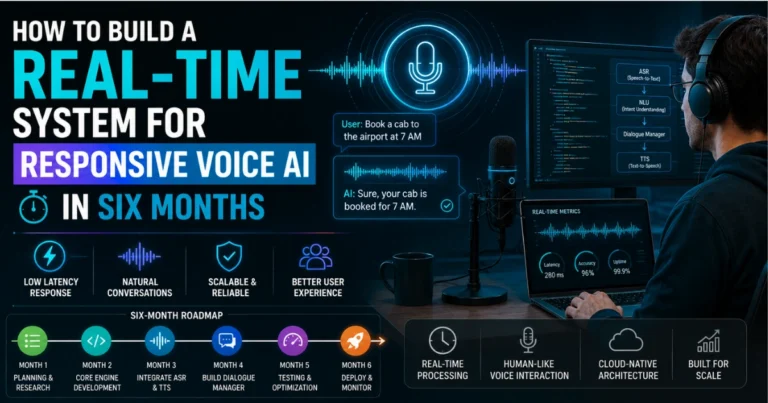 Real-time voice AI system development roadmap showing a developer building responsive voice AI with speech-to-text, dialogue management, text-to-speech, low latency, scalability, and a six-month development timeline.