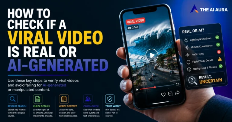 Illustration showing a smartphone displaying a viral tsunami video alongside an AI detection checklist, explaining how to identify whether a viral video is real or AI-generated by checking lighting, motion, audio, and contextual details.