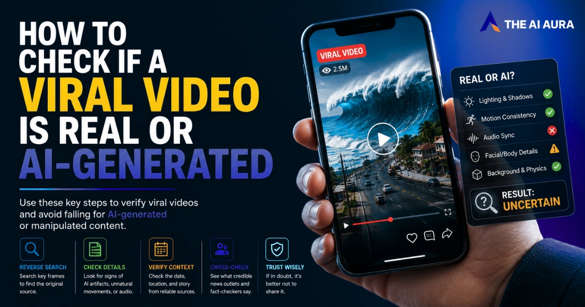 Illustration showing a smartphone displaying a viral tsunami video alongside an AI detection checklist, explaining how to identify whether a viral video is real or AI-generated by checking lighting, motion, audio, and contextual details.
