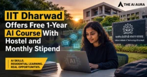 IIT Dharwad offers a free one-year AI course with hostel accommodation and a monthly stipend, featuring a student studying AI on a laptop at the campus.