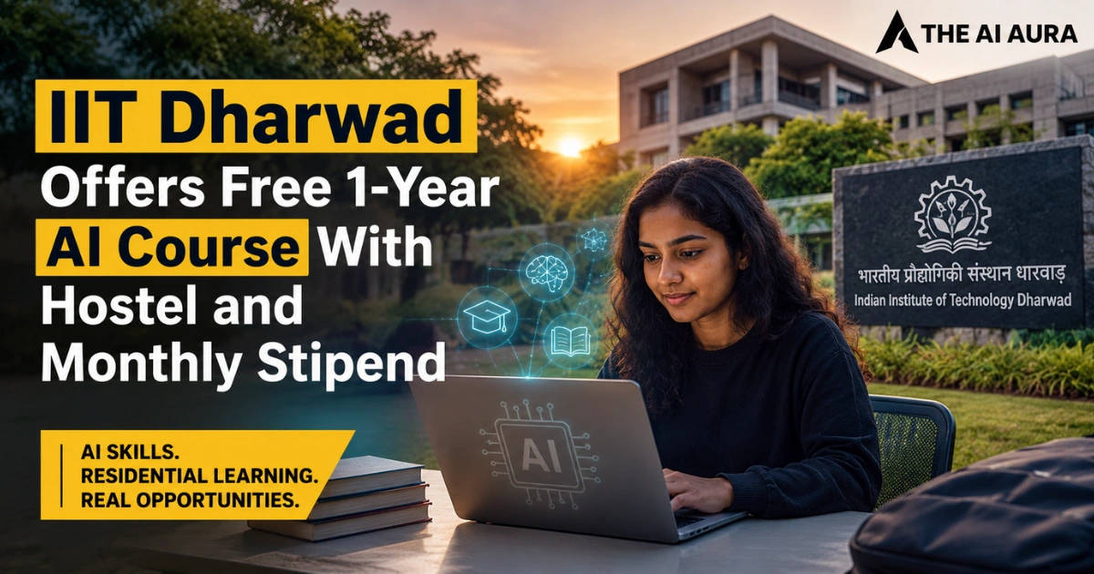 IIT Dharwad offers a free one-year AI course with hostel accommodation and a monthly stipend, featuring a student studying AI on a laptop at the campus.