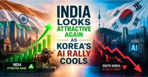 India and South Korea stock market comparison showing rising Indian equities and a cooling South Korean AI rally, with national flags, financial charts, and AI chip imagery.