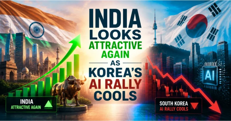 India and South Korea stock market comparison showing rising Indian equities and a cooling South Korean AI rally, with national flags, financial charts, and AI chip imagery.