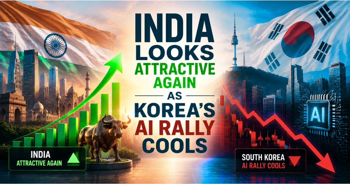 India and South Korea stock market comparison showing rising Indian equities and a cooling South Korean AI rally, with national flags, financial charts, and AI chip imagery.