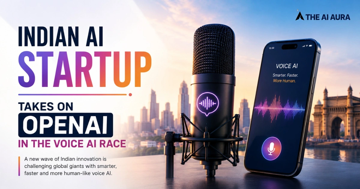 Indian AI startup challenges OpenAI in the voice AI race with a microphone and smartphone displaying voice AI technology.