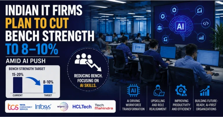 Indian IT firms plan to reduce bench strength to 8–10% amid the AI push, with an IT office, AI technology graphics, workforce transformation, and upskilling visuals.