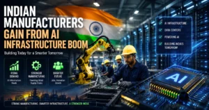 Indian manufacturing worker assembling AI hardware in a smart factory, with robotic equipment, data center servers, an AI chip, and the Indian flag representing growth from the AI infrastructure boom.