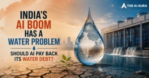 India’s AI boom faces a water problem, showing a data center using large amounts of water alongside a cracked landscape and a water droplet containing a map of India.