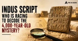Indus Script inscription tablet with ancient symbols and a magnifying glass representing efforts to decode the 4,000-year-old mystery.