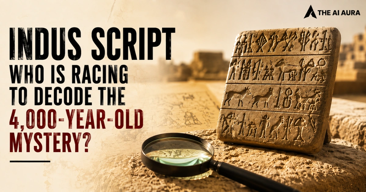 Indus Script inscription tablet with ancient symbols and a magnifying glass representing efforts to decode the 4,000-year-old mystery.