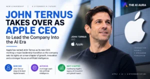 Promotional graphic showing John Ternus taking over as Apple CEO, highlighting the company’s leadership transition and focus on artificial intelligence and future innovation.