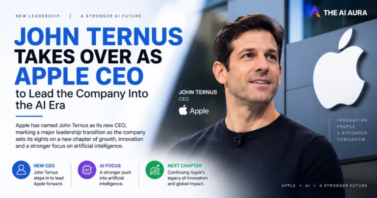 Promotional graphic showing John Ternus taking over as Apple CEO, highlighting the company’s leadership transition and focus on artificial intelligence and future innovation.