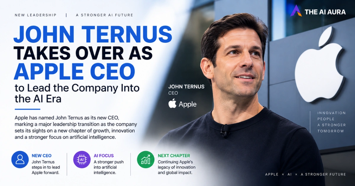 Promotional graphic showing John Ternus taking over as Apple CEO, highlighting the company’s leadership transition and focus on artificial intelligence and future innovation.
