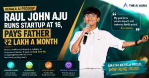 Raul John Aju, a 16-year-old AI startup founder from Kerala, speaking on stage as a young entrepreneur and AI innovator.