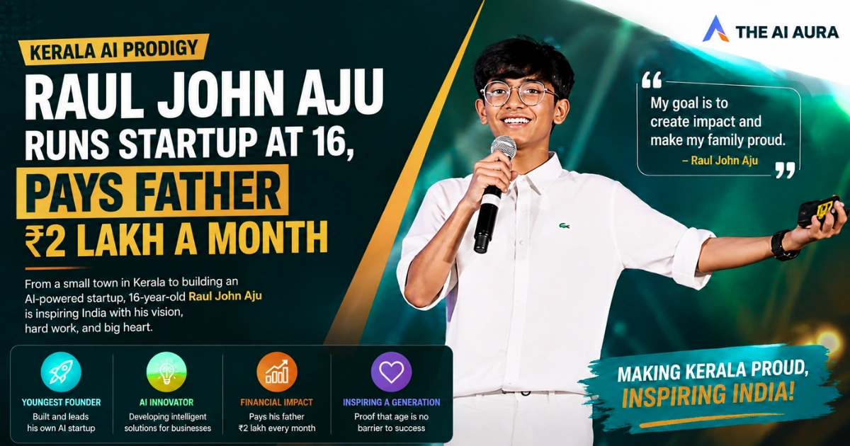 Raul John Aju, a 16-year-old AI startup founder from Kerala, speaking on stage as a young entrepreneur and AI innovator.