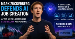 Mark Zuckerberg defends AI job creation after Meta layoffs and $130 billion AI spending, featuring AI technology, new job roles, Meta branding, and investment growth graphics.