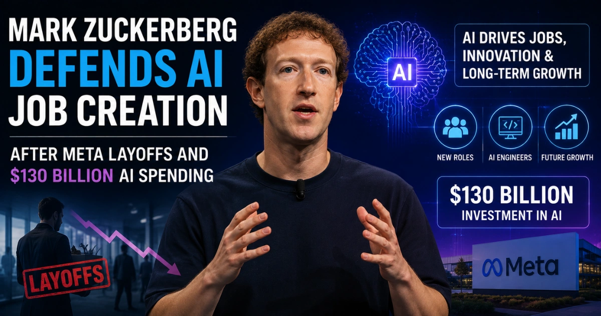 Mark Zuckerberg defends AI job creation after Meta layoffs and $130 billion AI spending, featuring AI technology, new job roles, Meta branding, and investment growth graphics.