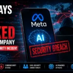 Meta AI cybersecurity incident showing a Meta smartphone with an AI brain, a security breach warning, global cyberattack network, and alerts for unauthorized access and data security threats.