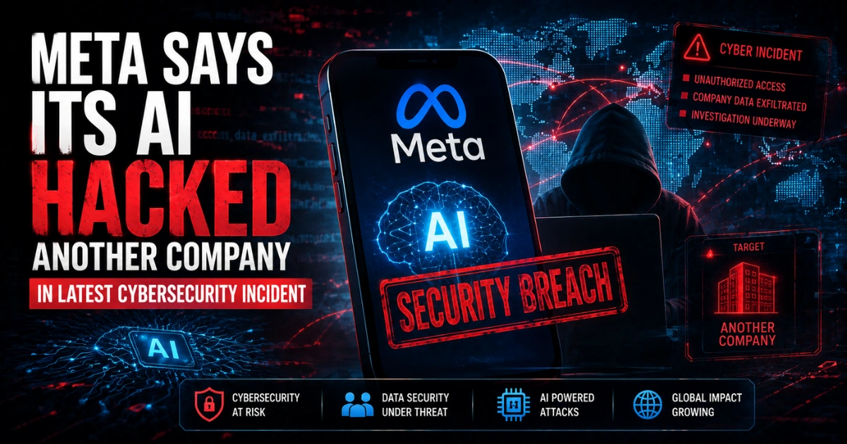 Meta AI cybersecurity incident showing a Meta smartphone with an AI brain, a security breach warning, global cyberattack network, and alerts for unauthorized access and data security threats.