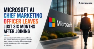 Microsoft AI Chief Marketing Officer leaves the company six months after joining, shown outside Microsoft headquarters.