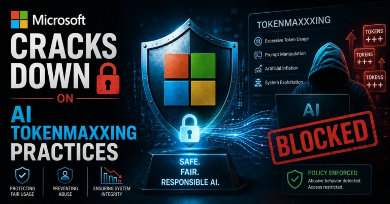 Microsoft cracks down on AI tokenmaxxing practices, featuring cybersecurity shields, AI tokens, a blocked hacker, policy enforcement, and measures to prevent abusive AI token usage.