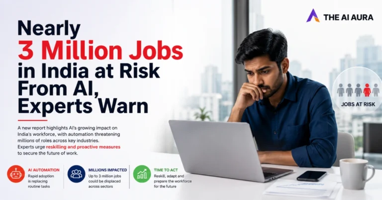 Nearly 3 million jobs in India at risk from AI, with a worker using a laptop and a “Jobs at Risk” graphic.