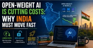 Open-weight AI models are cutting costs in India, featuring a digital map of India, open AI models, falling cost charts, AI technology, and the Indian flag.