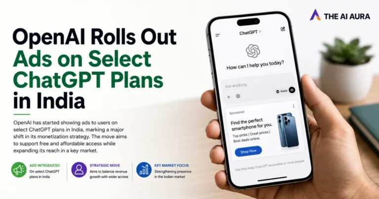 OpenAI rolls out ads on select ChatGPT plans in India, shown on a smartphone displaying a sponsored advertisement.