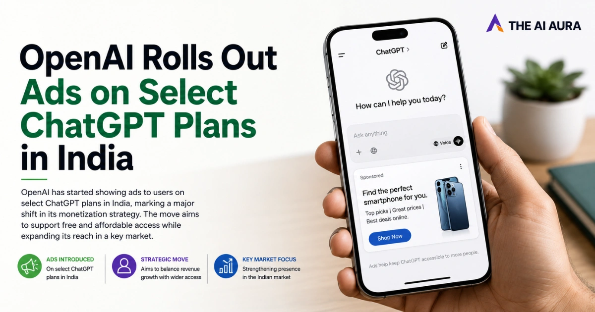 OpenAI rolls out ads on select ChatGPT plans in India, shown on a smartphone displaying a sponsored advertisement.