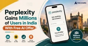 Perplexity gains millions of users in India, featuring its AI app on a smartphone with a free AI offer and Mumbai Gateway of India backdrop.