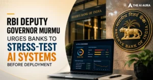 RBI Deputy Governor Murmu urges banks to stress-test AI systems before deployment, shown with an AI risk assessment dashboard.