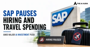SAP pauses hiring and travel spending amid major AI investment, with a SAP office building, suitcase, and “Hiring Paused” sign.