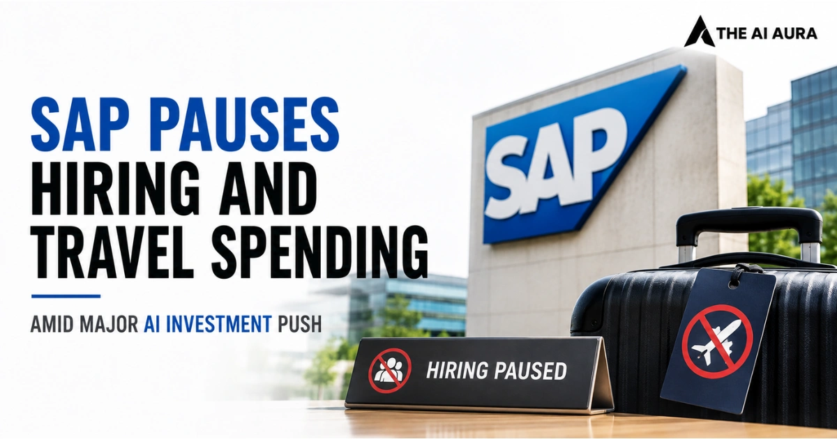 SAP pauses hiring and travel spending amid major AI investment, with a SAP office building, suitcase, and “Hiring Paused” sign.