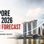 Singapore’s 2026 growth forecast highlights an AI-driven economic boost, featuring the Marina Bay skyline and an upward growth arrow.