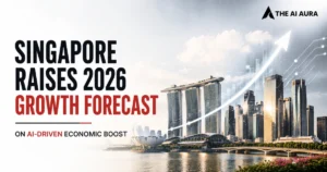 Singapore’s 2026 growth forecast highlights an AI-driven economic boost, featuring the Marina Bay skyline and an upward growth arrow.