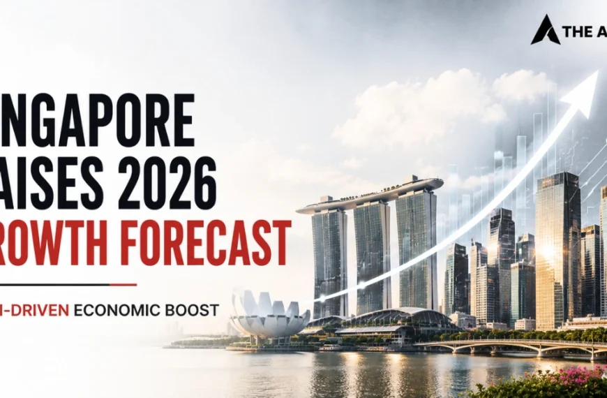 Singapore’s 2026 growth forecast highlights an AI-driven economic boost, featuring the Marina Bay skyline and an upward growth arrow.