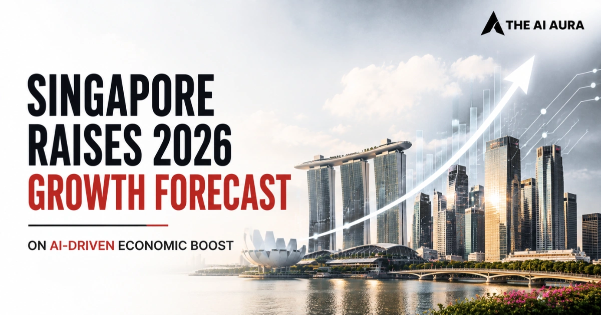 Singapore’s 2026 growth forecast highlights an AI-driven economic boost, featuring the Marina Bay skyline and an upward growth arrow.