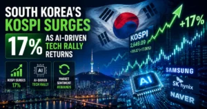 South Korea’s Kospi surges 17% as an AI-driven tech rally returns, featuring the Korean flag, rising stock charts, Seoul skyline, AI chip, and major technology companies.