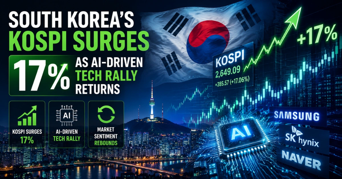 South Korea’s Kospi surges 17% as an AI-driven tech rally returns, featuring the Korean flag, rising stock charts, Seoul skyline, AI chip, and major technology companies.