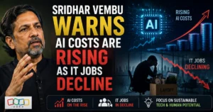Sridhar Vembu warns that rising AI costs could coincide with declining IT jobs, illustrated with AI technology, rising cost charts, and falling employment visuals.